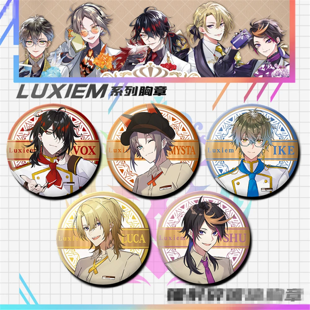 

58mm Game Luxiem Ike Eveland Mysta Rias Vox Akuma Luca Kaneshiro Cosplay Costume Badge Pin SPTE Tinplate Brooch Accessories