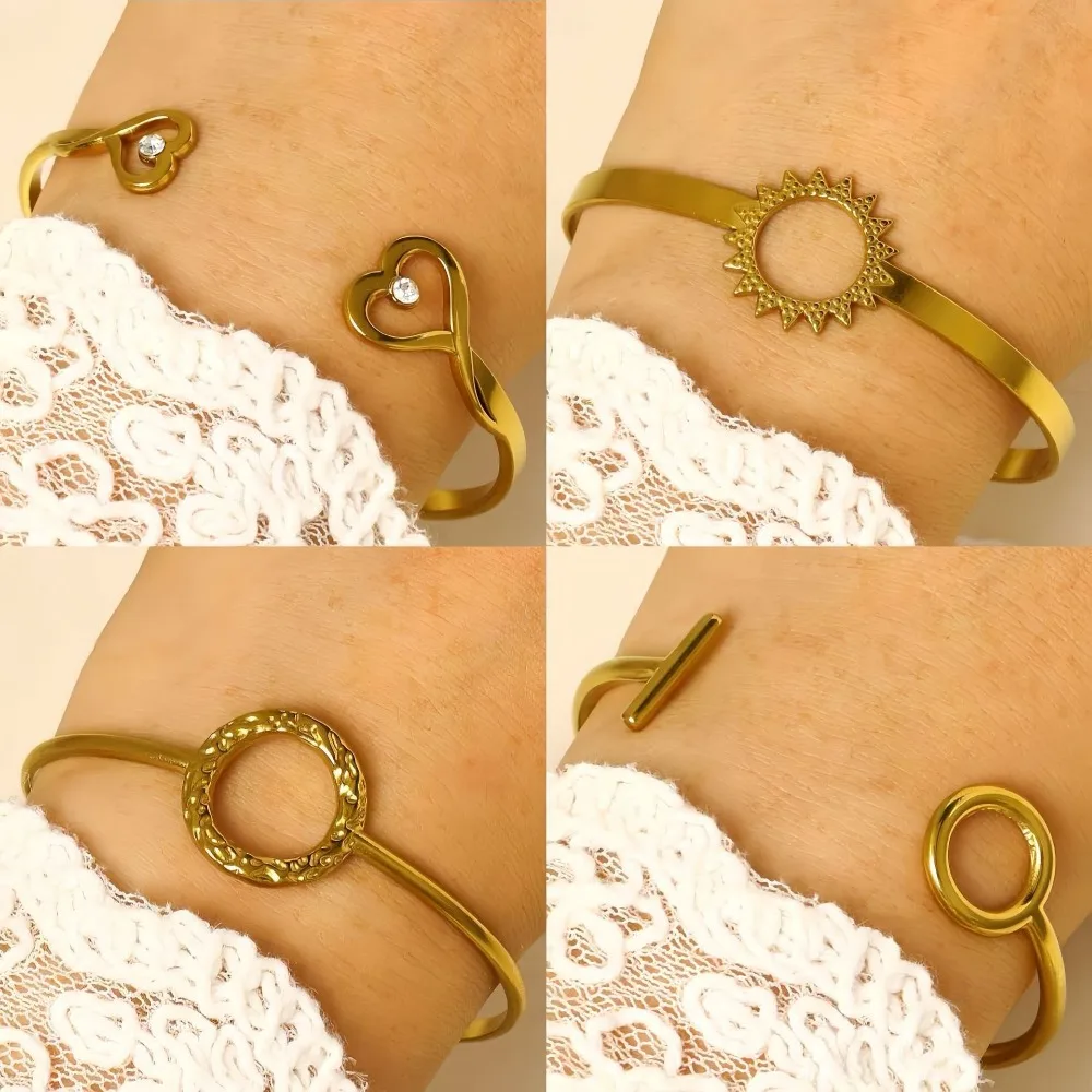 Retro Minimalism Stainless Steel Geometric Hollowed-out Heart Sunflower Circle Thin Open Bangles for Women Colorfast Jewelry