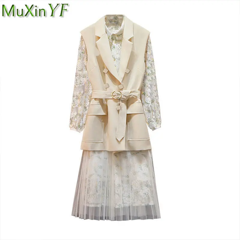 

Spring Autumn Women Lace Mesh Dress Vest Blazers 2 Piece Set Korean Office Lady Elegant High Waist Dresses Suit Jacket Outfits