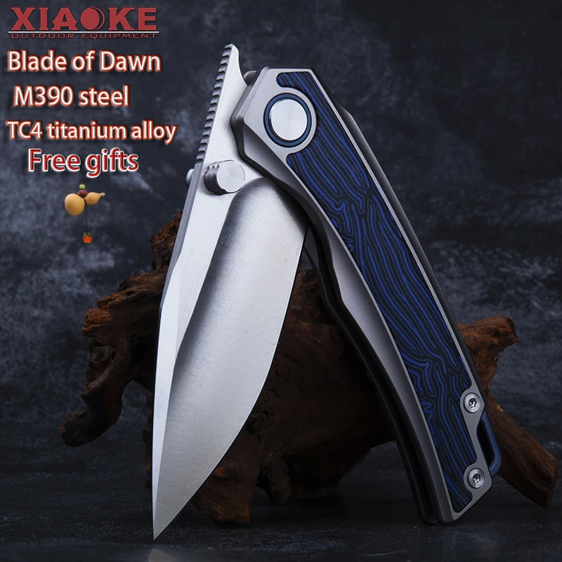 M390 TC4 Titanium Folding Knife, Blue Wave Handle, Outdoor Camping Fishing Survival EDC Tool, Perfect Gift for Men.