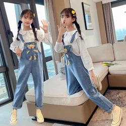 2024 Spring Autumn Children Denim Bib Jumpsuit Pockets with Bear Kids Overalls Jeans for Girls Teenage Girls Suspender Trousers
