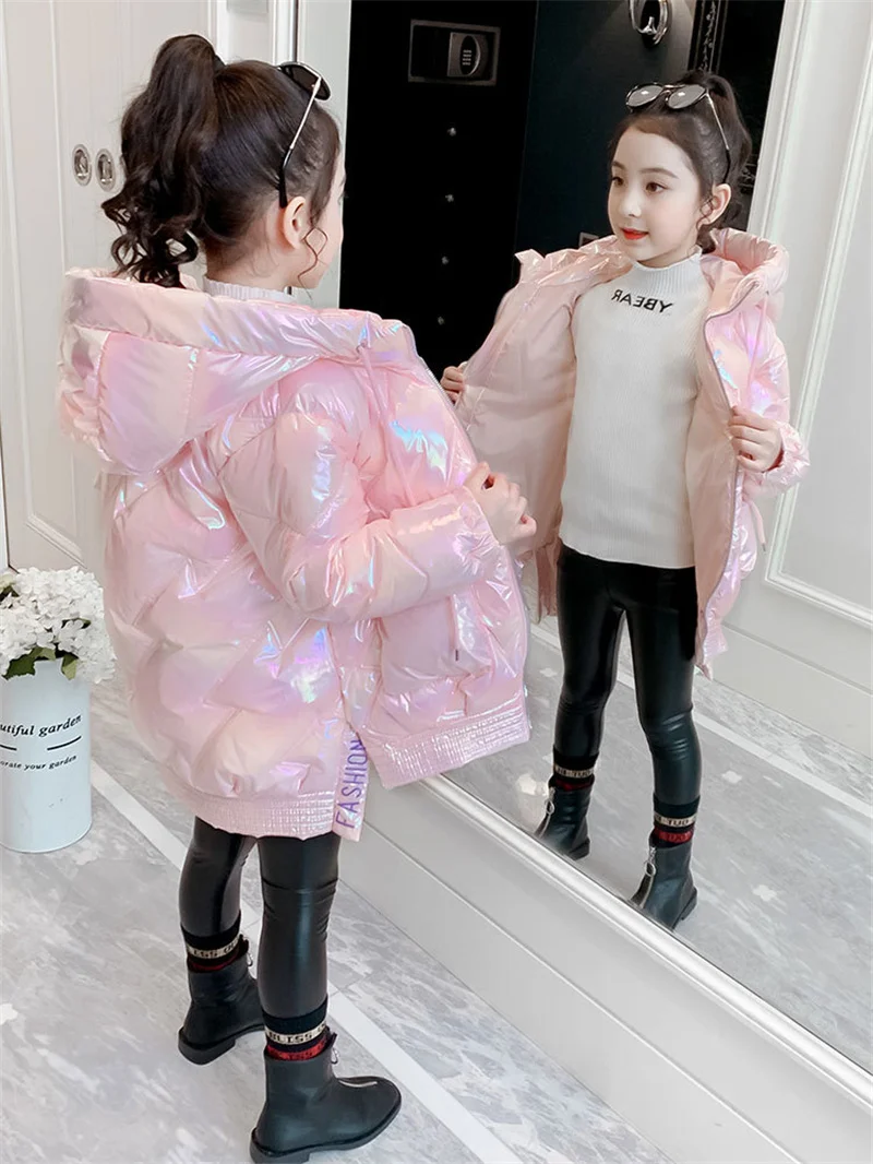 2024 Winter Down Long Jacket For Girls Waterproof Shiny Hooded Coat Children Clothing 5-12 Years Kids Parka Snowsuit Outerwear