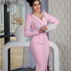 Saudi Arabia Mermaid Prom Dresses Pink Pearls Long Sleeves Evening Dress Floor Length Women Formal Party Gown Vestidos De Fiesta