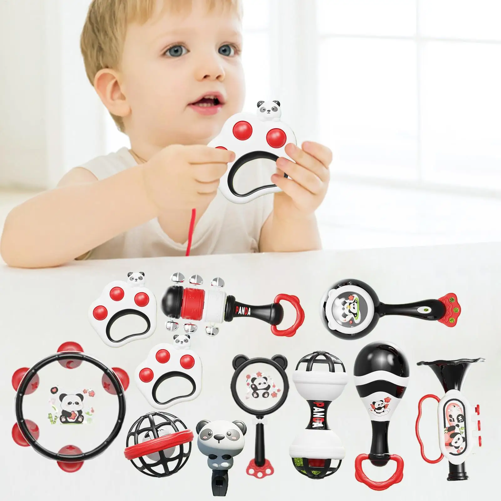 Sonajeros para bebés Panda Sonajeros de fácil agarre Mordedor sensorial Instrumentos musicales para el desarrollo de la primera infancia Aprendizaje preescolar