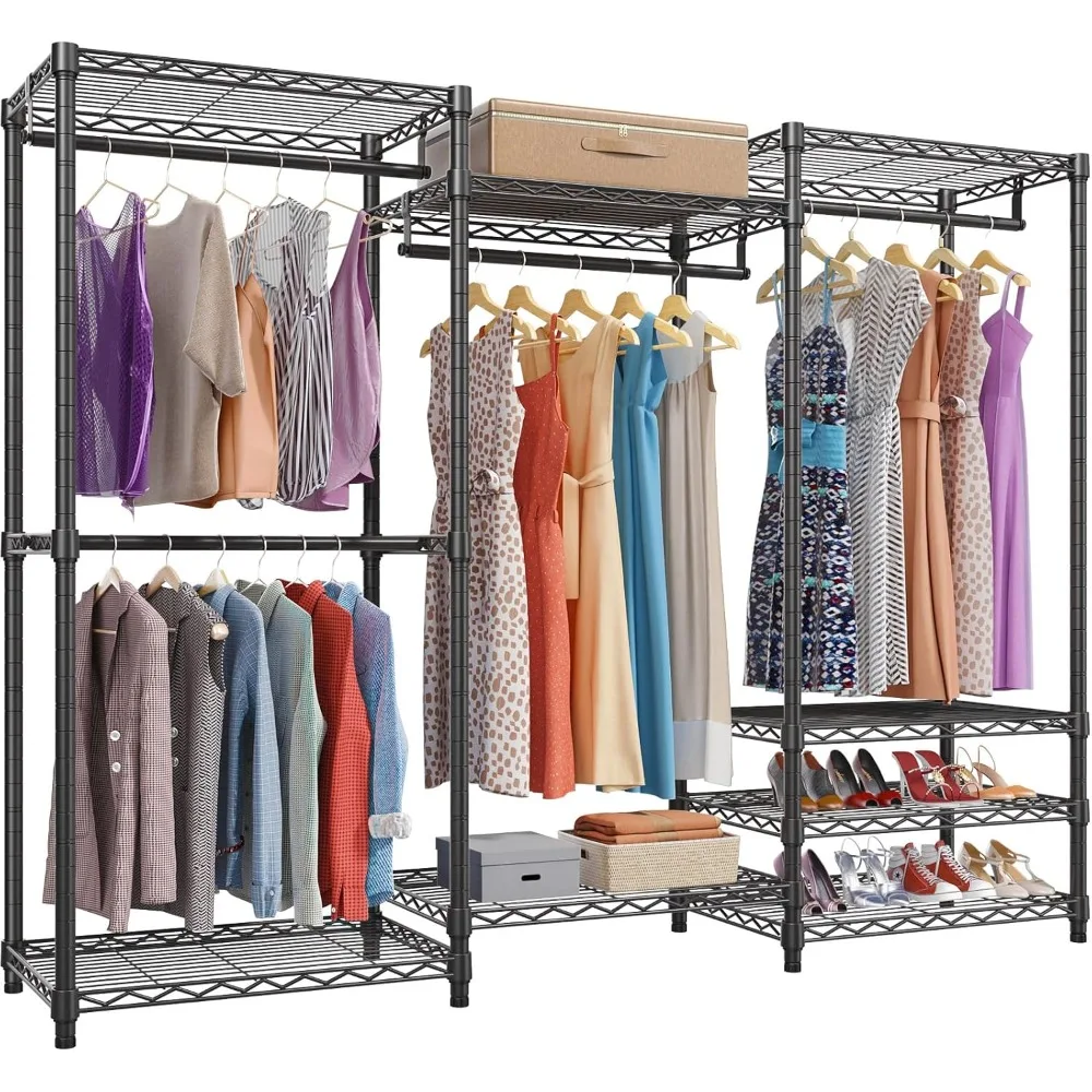 

V5 Portable Closet Wardrobe Heavy Duty Clothes Rack, Freestanding Clothing Rack with 4 Hang Rods & 8 Shelves, Adjustable