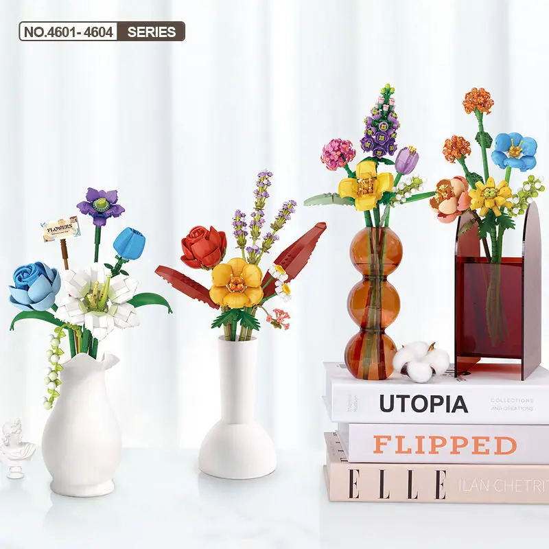 Nowy Zestaw Klocków dla Dzieci Bukiet Model 3D Zabawka Dekoracja Domu Roślina Chryzantema Róża Kwiat Klocki do Składania Zabawka dla Dziewczynki Prezent dla Dziecka