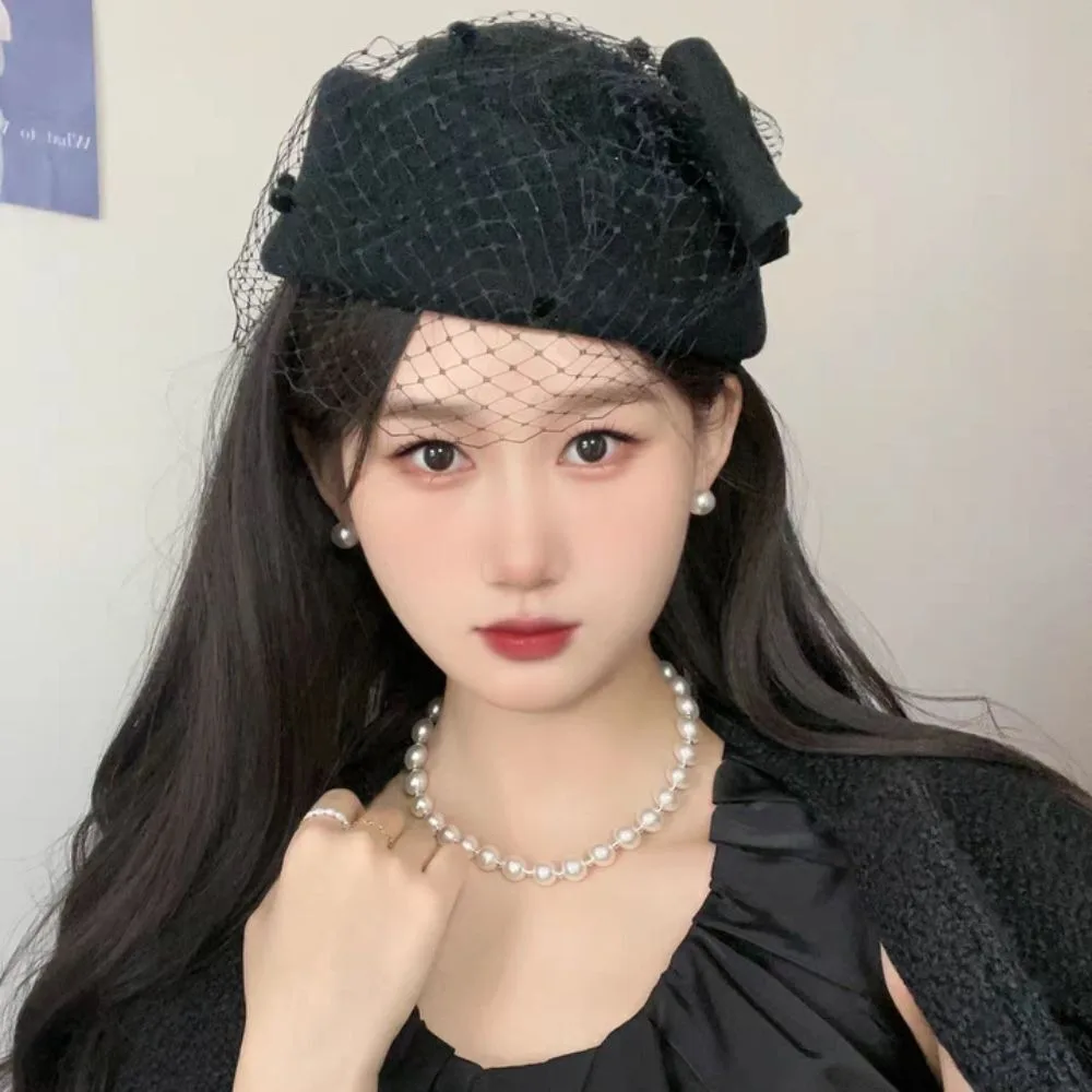 جديد الكشمير الصوف القوس قبعة مع الحجاب النمط البريطاني عادية الفاسناتور قبعة مزاجه العروس القبعات الرسمية والقبعات #2