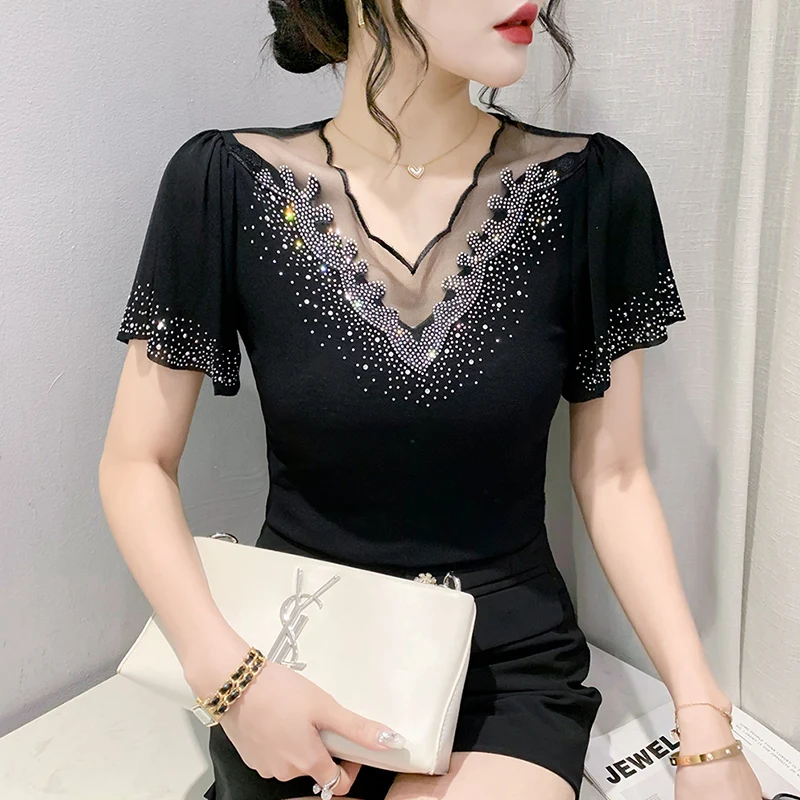 Sexy V-Neck Lace T-Shirt Women Short Sleeve European Design Sensual Gathers Upper Body Heavy Embellished Tight Fit Small Shirt