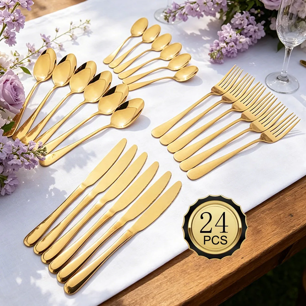 24Pcs/Set Upscale Golden Dinnerware Set Stainless Steel Tableware Knife Fork Coffee Spoon Flatware Dinner Cutlery Gift