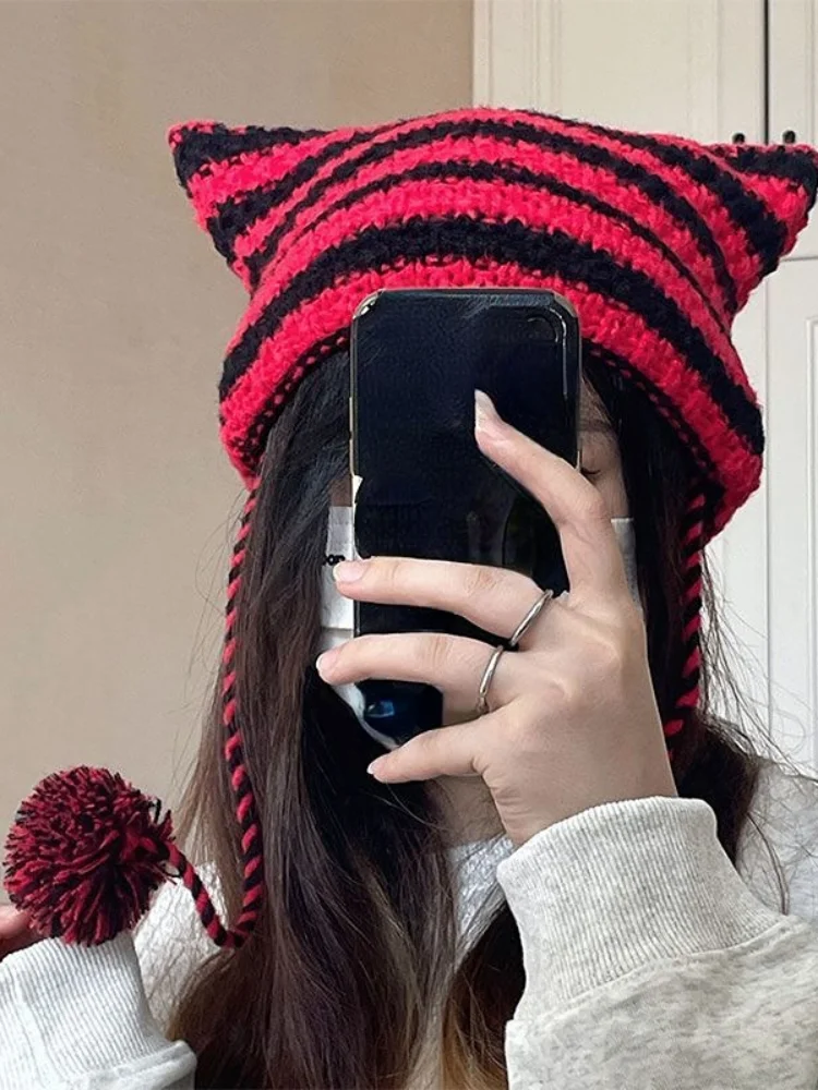 Japanese Y2k Devil Striped Beanies Hat Women Ins Cute Cat Ears Knitted Wool Cap Girl Winter Halloween Hats Grunge Chapeau