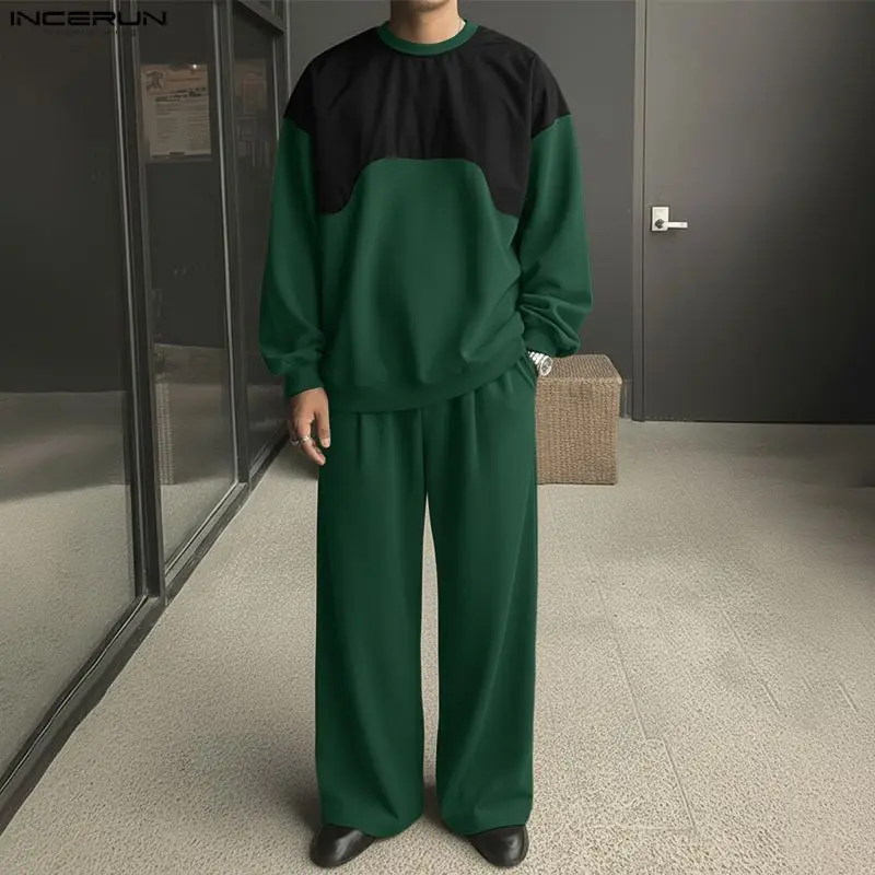 

Мужской комплект INCERUN: худи с круглым вырезом и длинными рукавами в стиле пэчворк и брюки, комплект из двух предметов, уличная одежда, свободный крой, модный повседневный костюм 2026 года