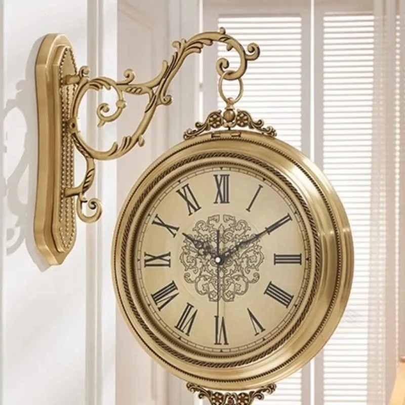 Double-side Silent Wall Clock Living Room Large Solid Wood Metal Clocks Wall Nordic Luxury Retro Golden Home Decoration Gift