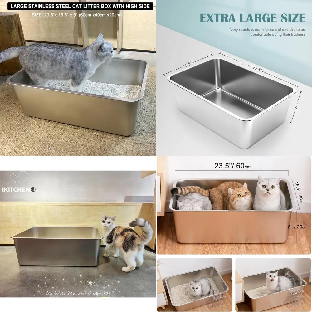 

Large Stainless Steel Cat Litter Box, Odor-Free, Stain & Rust Resistant, Easy Clean, Anti-Slip Base, 23.5L x 15.5W x 8H
