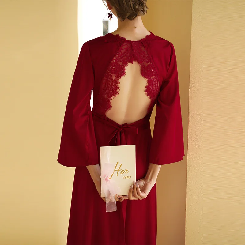 

Backless Lace Bride Wedding Robes Gown Female Rayon Long Kimono Bathrobe Marriage V-Neck Nightgown Sleepwear French Vestidos