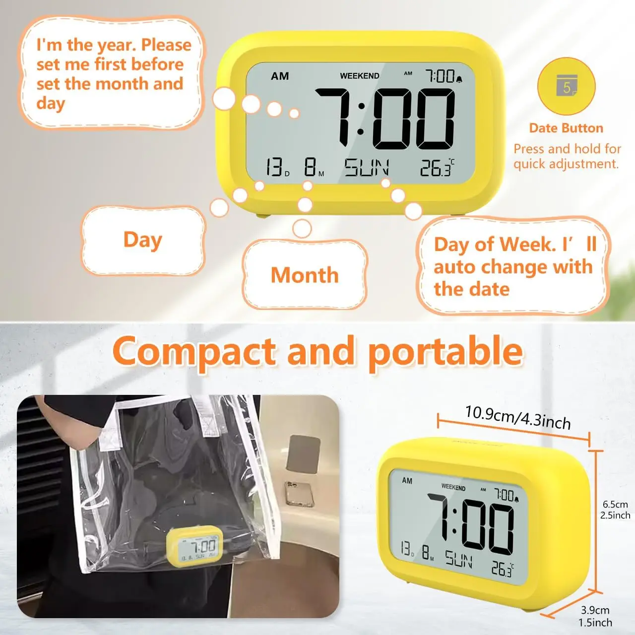 Digital Alarm Clock LCD Alarm Clock Calendar Temperature Humidity Display Electronic Desktop Clock for Home Office Bedroom Decor