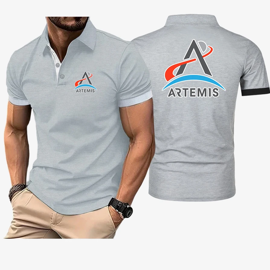 Men's 2026 Artemis Program Logo Print Top Lapel Short Sleeve Solid Color Casual Business Style Lightweight Breathable Polo Shirt