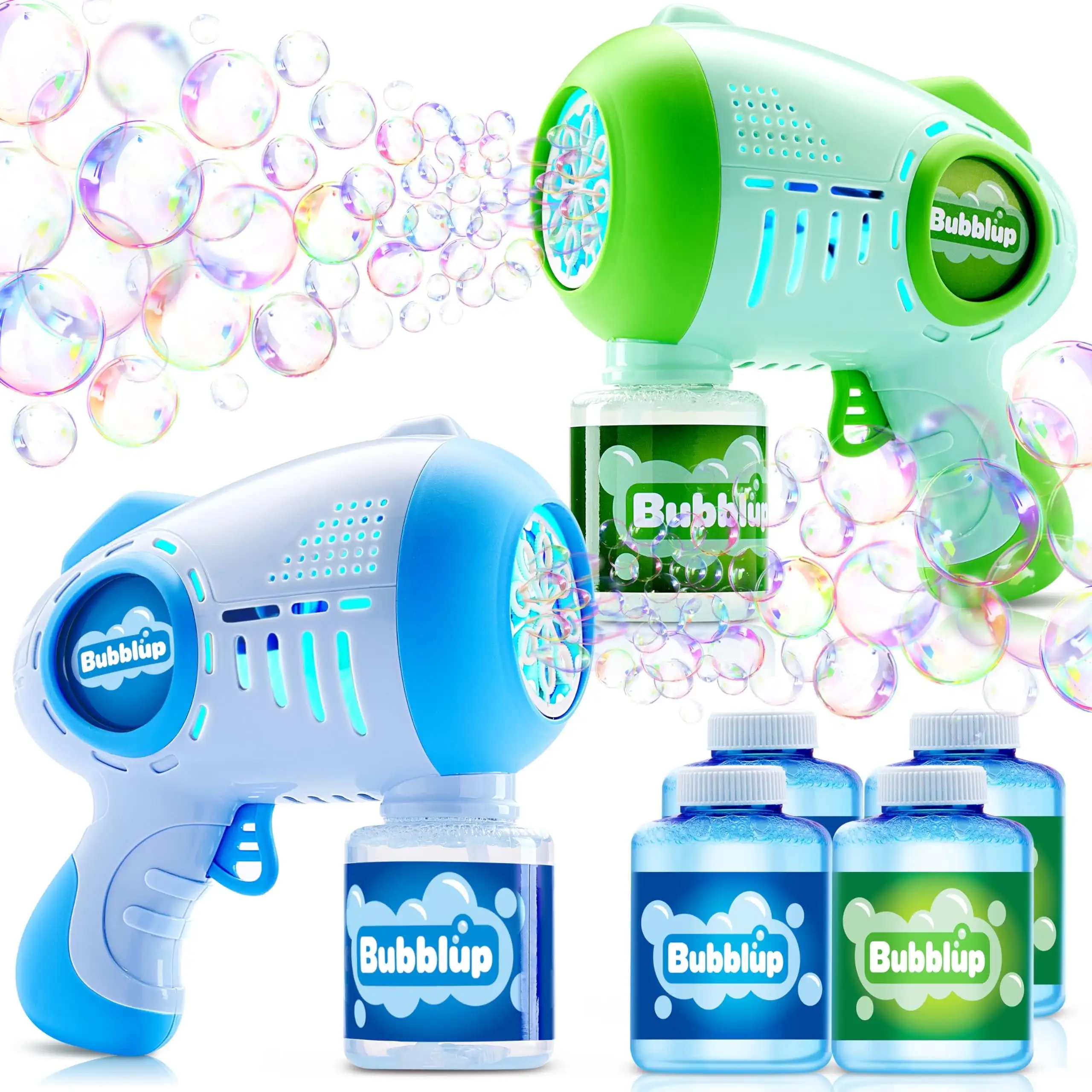 

JOYFY 2 Pack Light-Up Bubble Guns with 4 Bottles Bubble Refill Solution Bubble Toys for Kids Summer Party Favors Birthday Gift