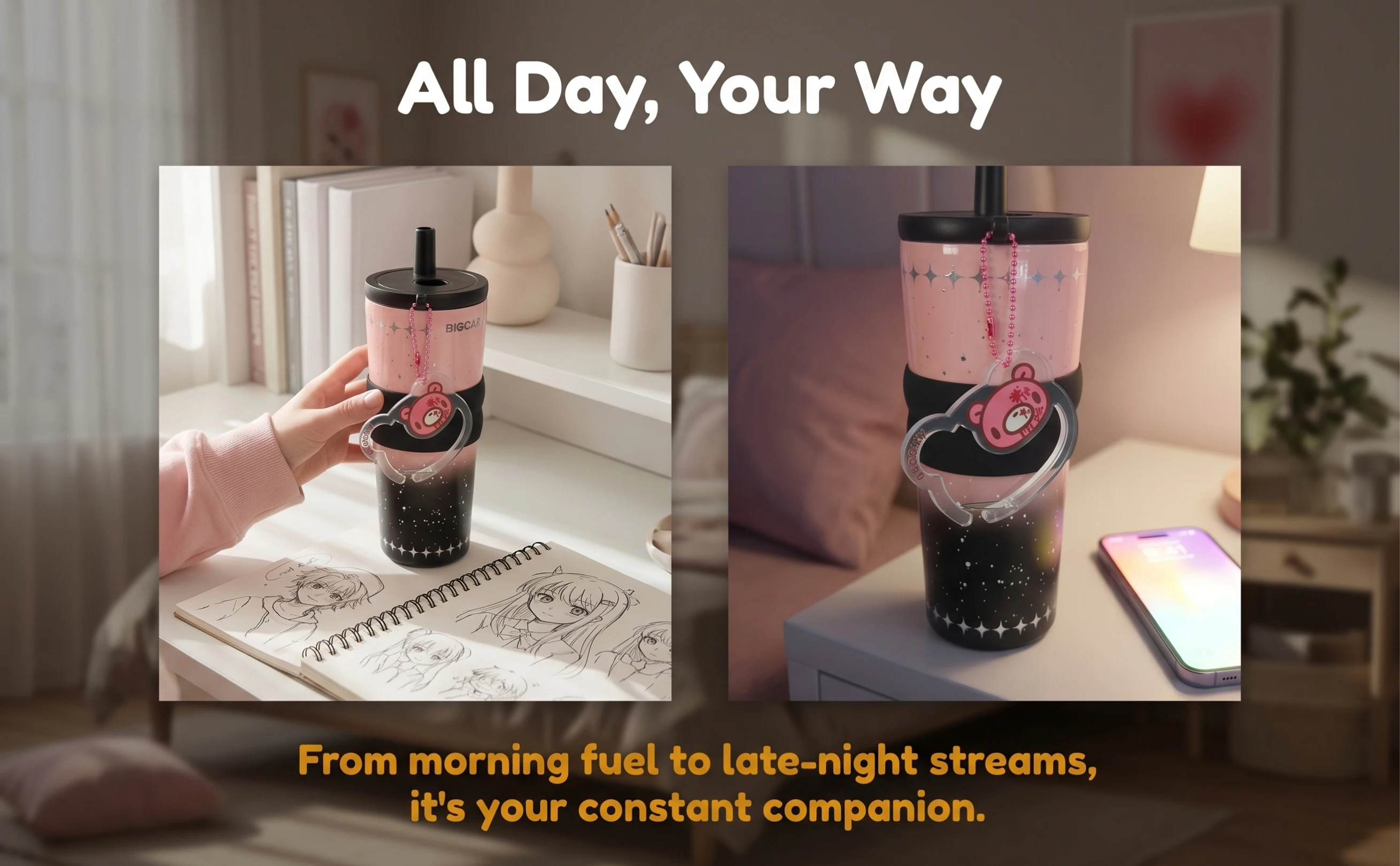 Gradient Starry Tumbler with Cute Bear Decor & Pendant, Insulated Stainless Steel Water Cup with Straw