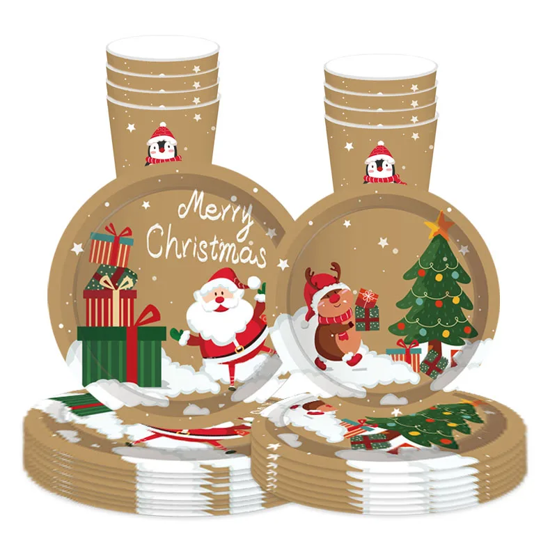 8Guests Christmas Theme Disposable Tableware Cartoon Santa Claus Elk Plates Snowman Napkin Penguin Paper Cups Merry Christmas