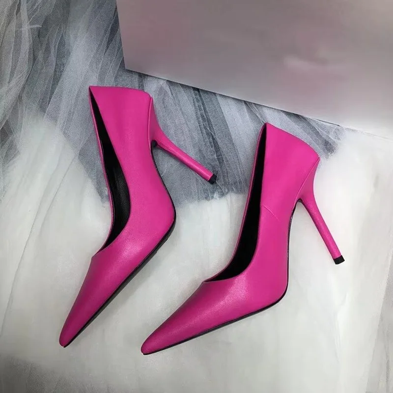 

Genuine Leather Pointy Toe High Heel Pumps Pink Shallow Cut-out Cone Heels Women Dress Shoes Spring Fall Celebrating Shoes Lady