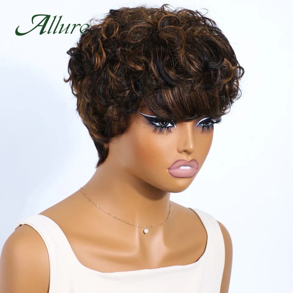 Brazilian Dark Brown Colored Hair Pixie Cut Curly Wigs Human Hair Wigs For Black Women Glueless Remy Hair Wig With Bangs Allure