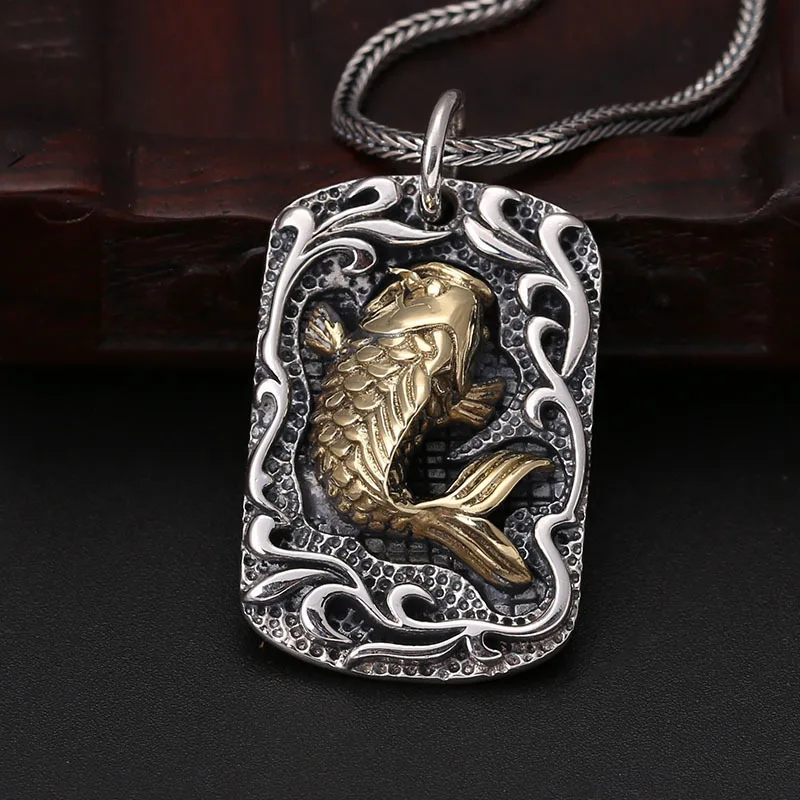 S925 Sterling Silver Fish Pendant Black Color Old Process Unisex Square Tag Carp Fine Jewelry FYNE415