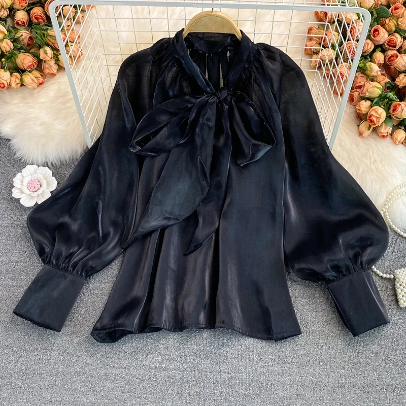 Fashion Temperament Tops Women Autumn New Fairy Loose Blouse Woman Bow V-neck Solid Color Blusas Mujer De Moda 2026