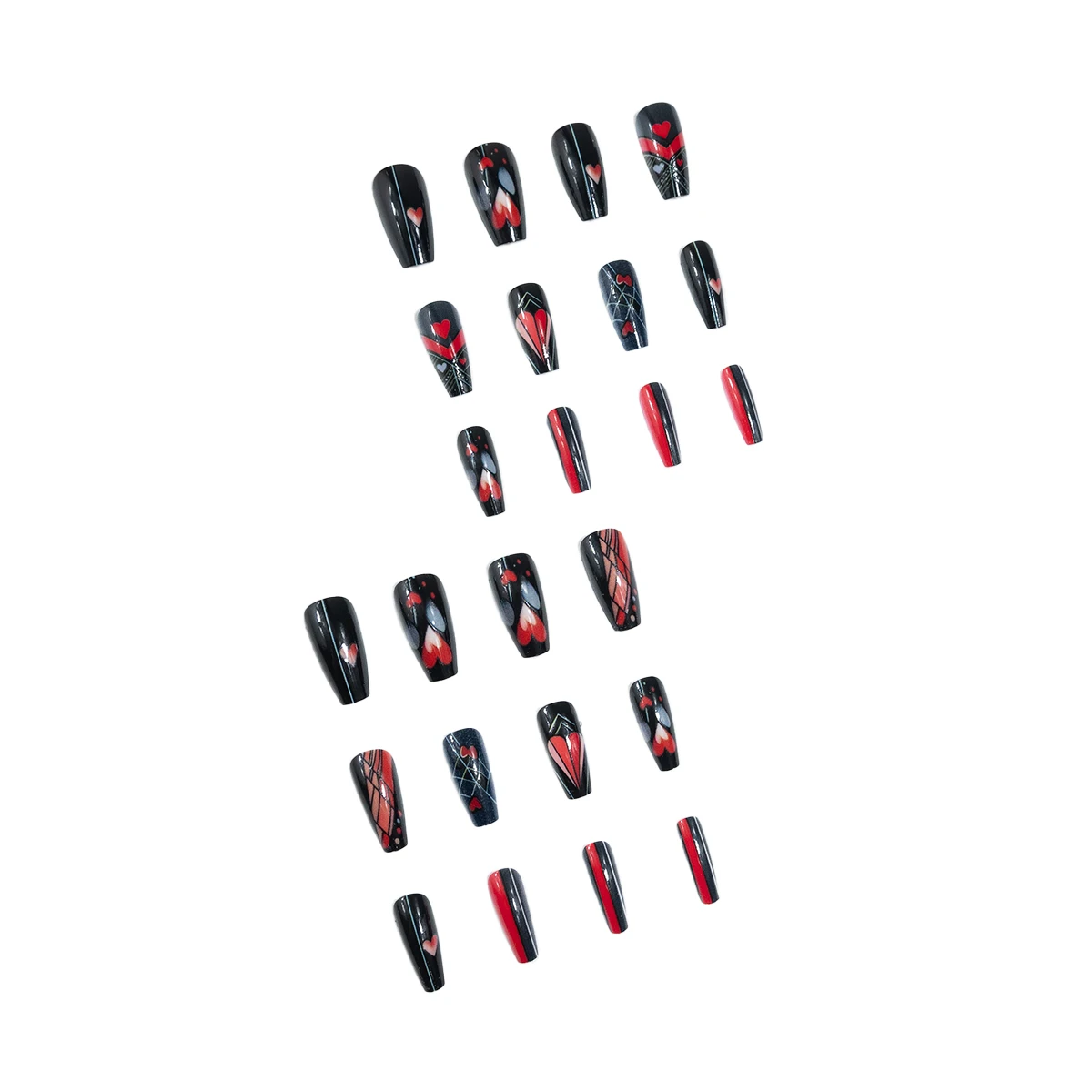 Ensemble d'ongles push-on 24 pièces, design ligne d'amour, manucure élégante, facile à appliquer et à enlever, finition brillante, forme de ballet, objectif moyen