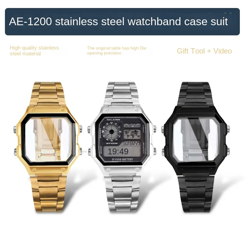 

Mod Kit AE1200 For 3299 Casio AE-1200 case AE-1300 Stainless Steel Bracelet Silver Black Gold black bezel Strap 1200 Watch Parts