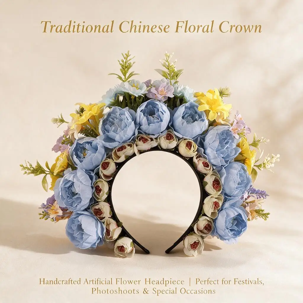 Blue Silk Peony Flower Headband Xunpu Style Floral Crown For Womens Hanfu Wedding Party Festival Cosplay Photo Hair Accessory