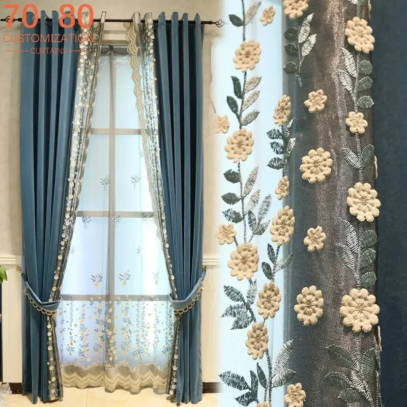 New French Light Luxury Blue-gray Embroidered Window Screen Spliced Velvet Curtains Custom Windows for Living Room and Bedroom