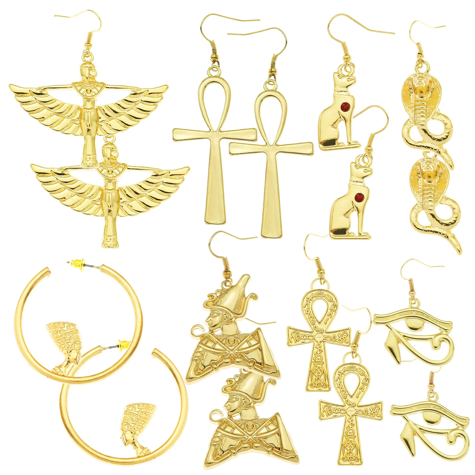 RechicGu Vintage Gold Colour Women Earring Ancient Egyptian Queen Cross Ear Pendant Hoop Eardrop Amulet Jewelry Drop Dangle Gift