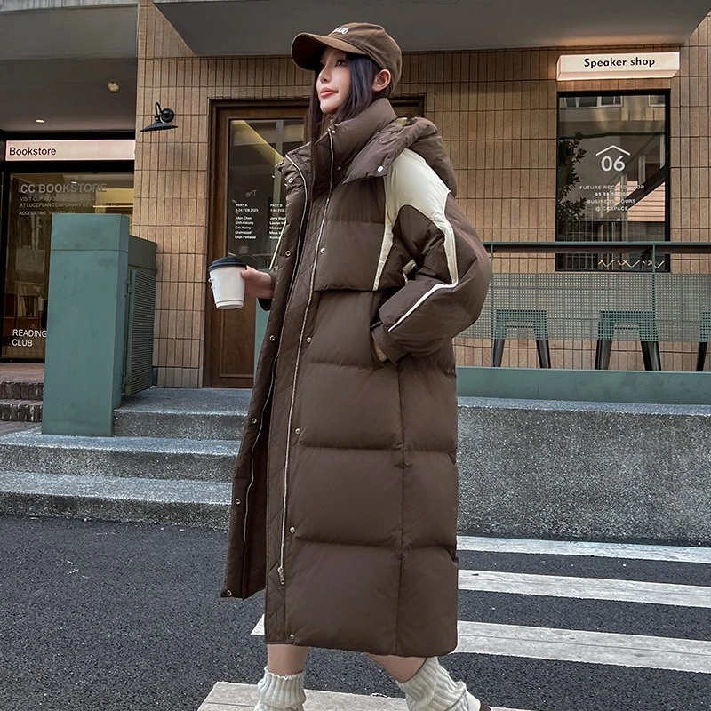 レディースロング厚手ダウンコート 2025年春新作 ファッションカラーブロック フード付き暖かいダックフェザージャケット カジュアル