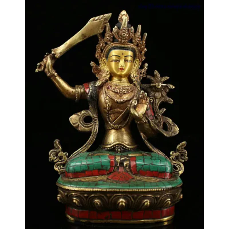 

9" Old Tibet Buddhism Bronze Inlay Turquoise Gem Wenshu Manjushri Goddess Statue