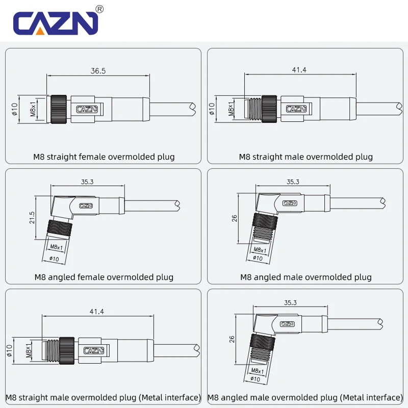 M8 Shielded Overmolded Plug Straight Angled Male 3 4 5 6 8 Pin A/B/D Code 1/2/5m PVC PUR Cable IP67 for Automation