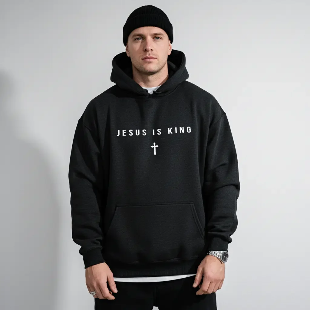 Men's Jesus Is King Cross Christian Graphic Hoodie - Cotton Blend Black Long Sleeve Pullover Regular Fit | Soft & Breathable Fabric, Durable Print, Everyday Comfort, Machine Washable, Minimalist Religious Casual Wear