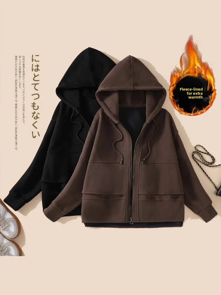 

Высококачественная женская зимняя утепленная флисовая толстовка-кардиган на молнии с капюшоном, на шнурке, с длинными рукавами, свободного кроя