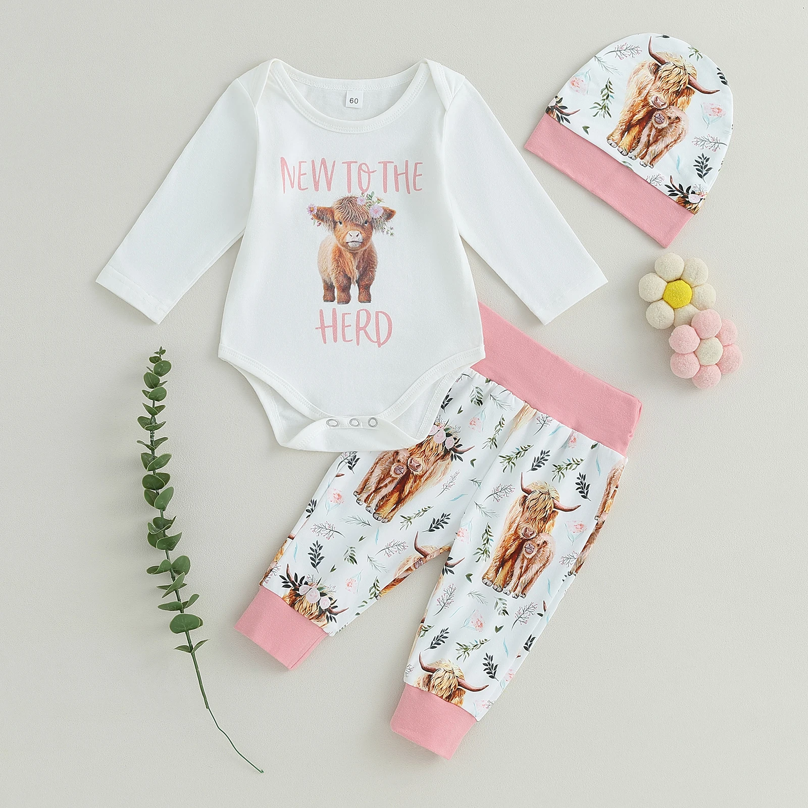 

3Pcs Cute Western Newborn Baby Girl Summer Clothes Adorable Cow Print Romper Ruffle Shorts Headband Outfit