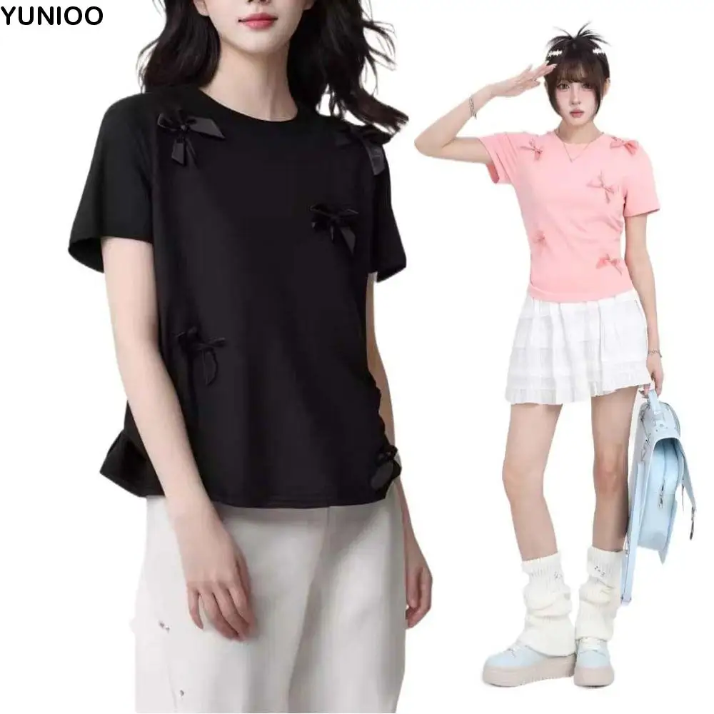 

Индивидуальная балетная футболка с короткими рукавами и бантом, тонкая рубашка с бантом, женская уличная одежда, летний милый укороченный топ для вечеринки