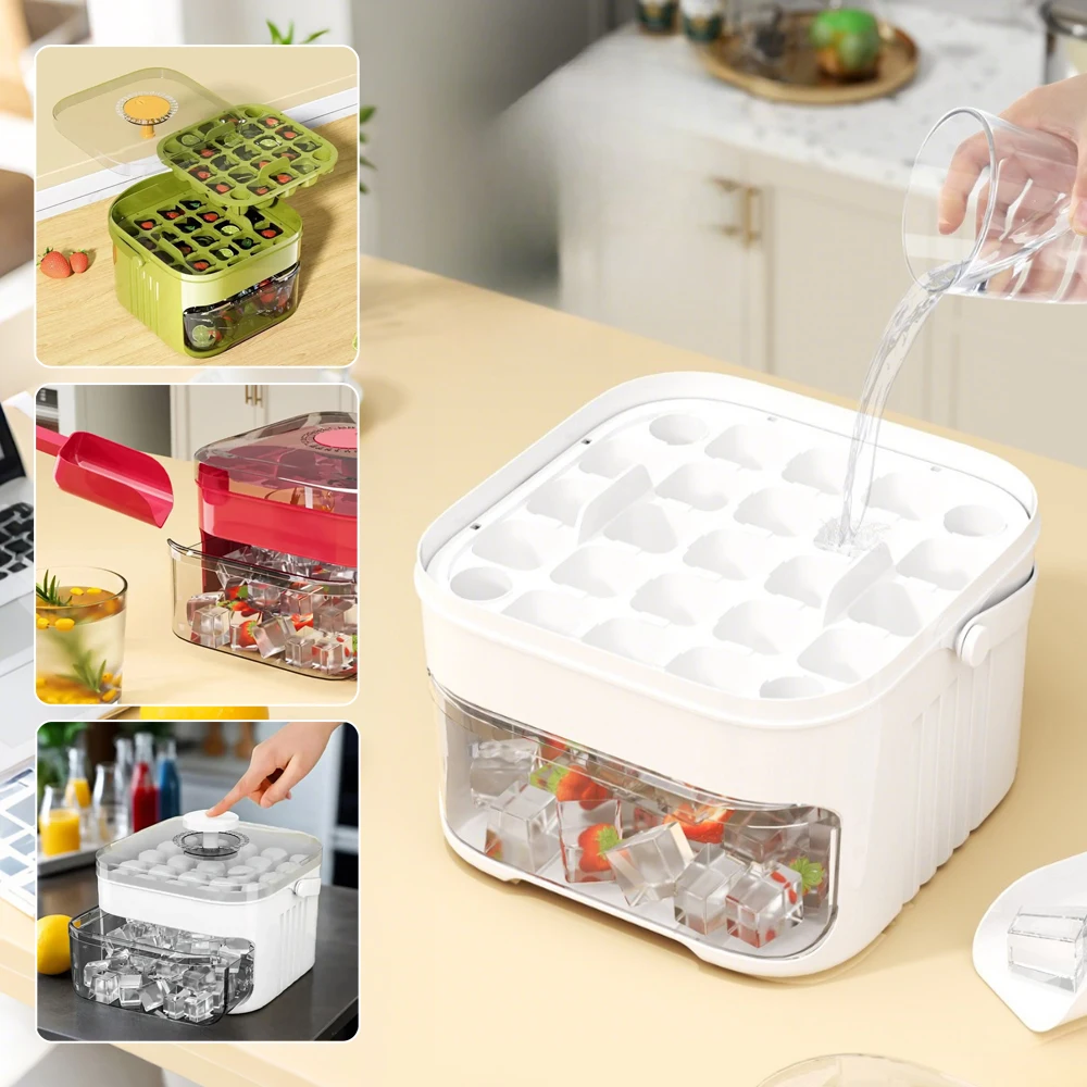 

Ice Cube Tray with Easy Press Lid Pull-Out Drawer with Handle Food-Grade Box Kitchens Accessories Bac A Glaçon Cubetas De Hielo