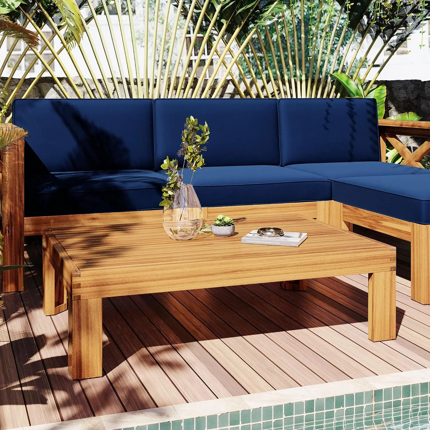 Outdoor Patio Wood 5-Piece Sectional Sofa Set with Cushions, Natural Finish & Blue, Customized