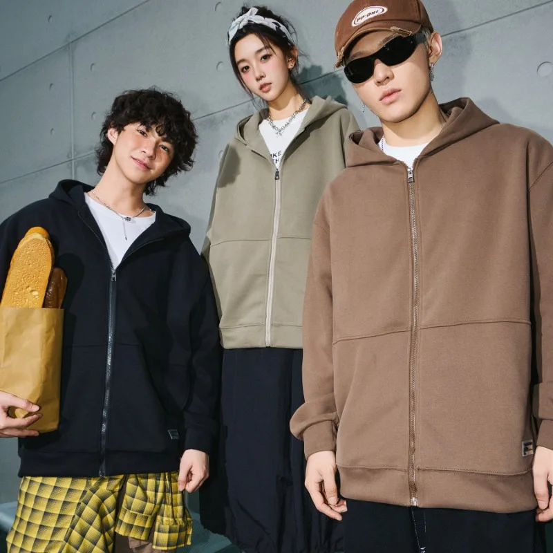 

American Streetwear Brand Zipper Hooded Sweatshirt Men's Couple Outfits Loose and Trendy Solid-color Men Cardigan Jacket Style