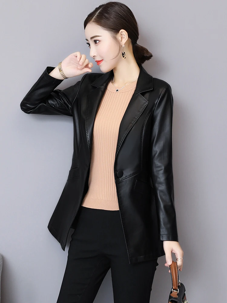 New Women Leather Jacket Autumn Winter Fashion Classic Single Button Slim Sheep Leather Blazer Spring Outerwear Size M-5XL