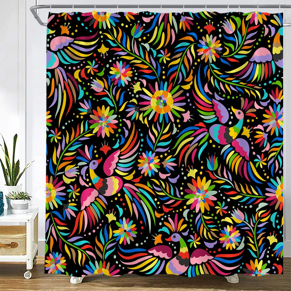Mexican Floral Bath Curtain, Ethnic Art Birds and Paisley Flowers in White, Polyester Fabric Shower Curtains for Bathroom Decor