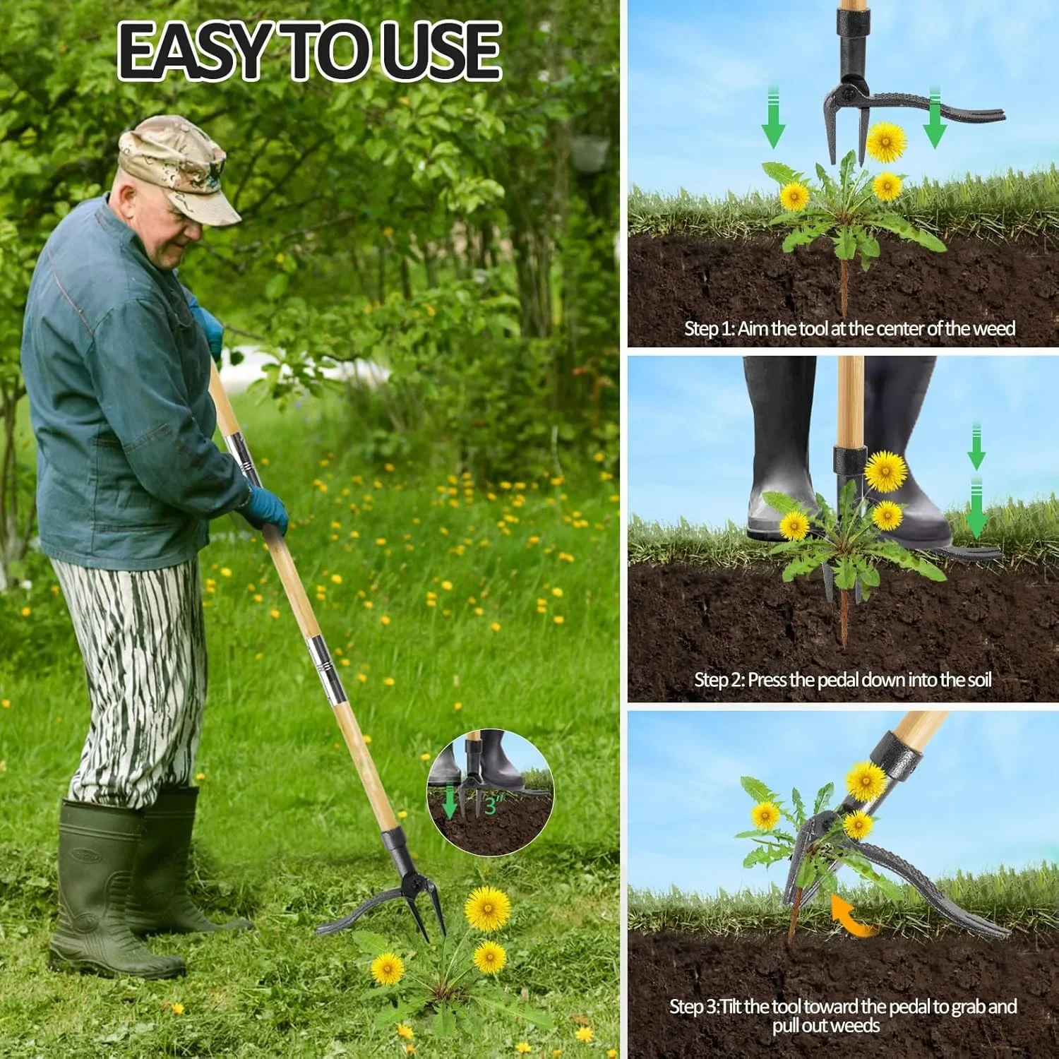 Weeder Stand Up Weed Puller Tool Made with Long Handle Real Bamboo & 4-Claw Steel Head Weed Remove Tool for Lawn/Yard
