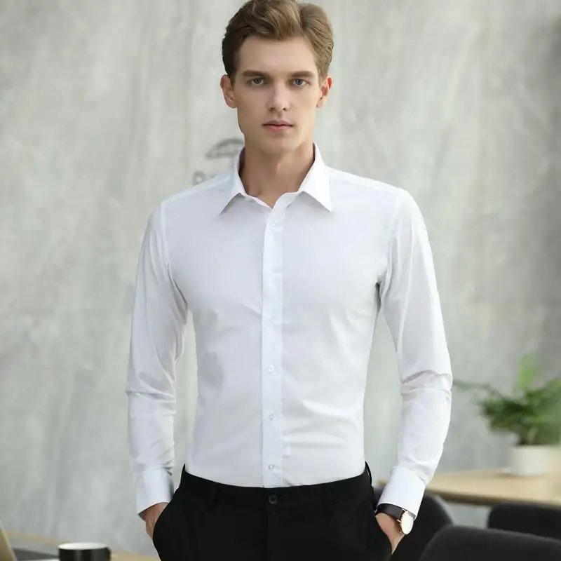 Csa blanca de manga larga informal de negocios para hombre, de seda fría, antiarrugas, de fibra de bambú, estilo formal pa...