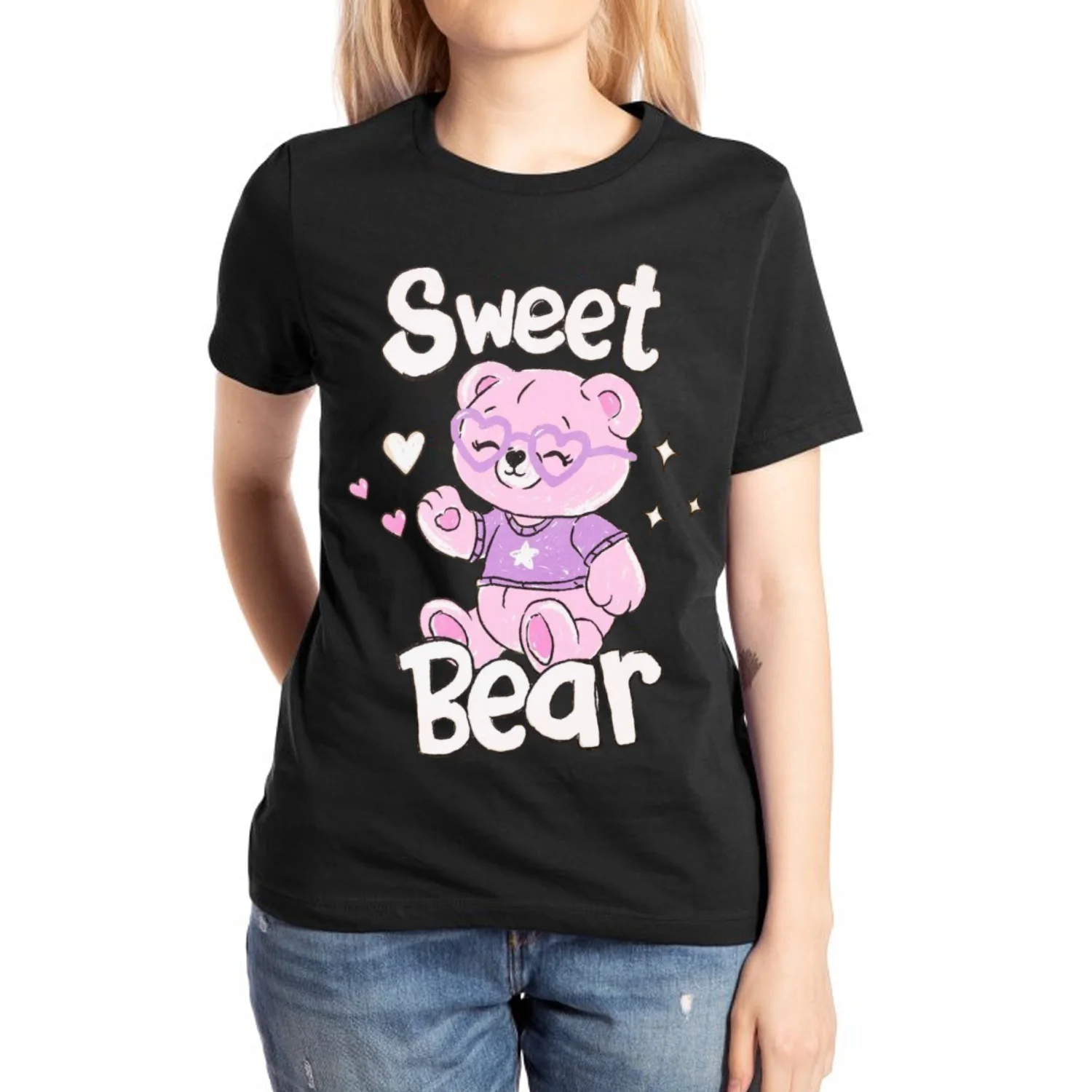 Sweet Bear Print Women's Cotton T-Shirt 2024 Summer Loose Plus Size Short Sleeve Casual Cute Vitality Top y2k