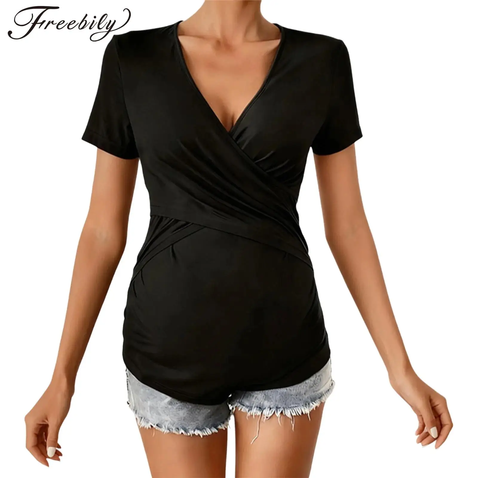 

Women's Maternity Shirts Tops V-Neck Short Sleeve Crossover Waist Stretchy Slim-Fit Lightweight T-shirt for Casual Yoga Workout