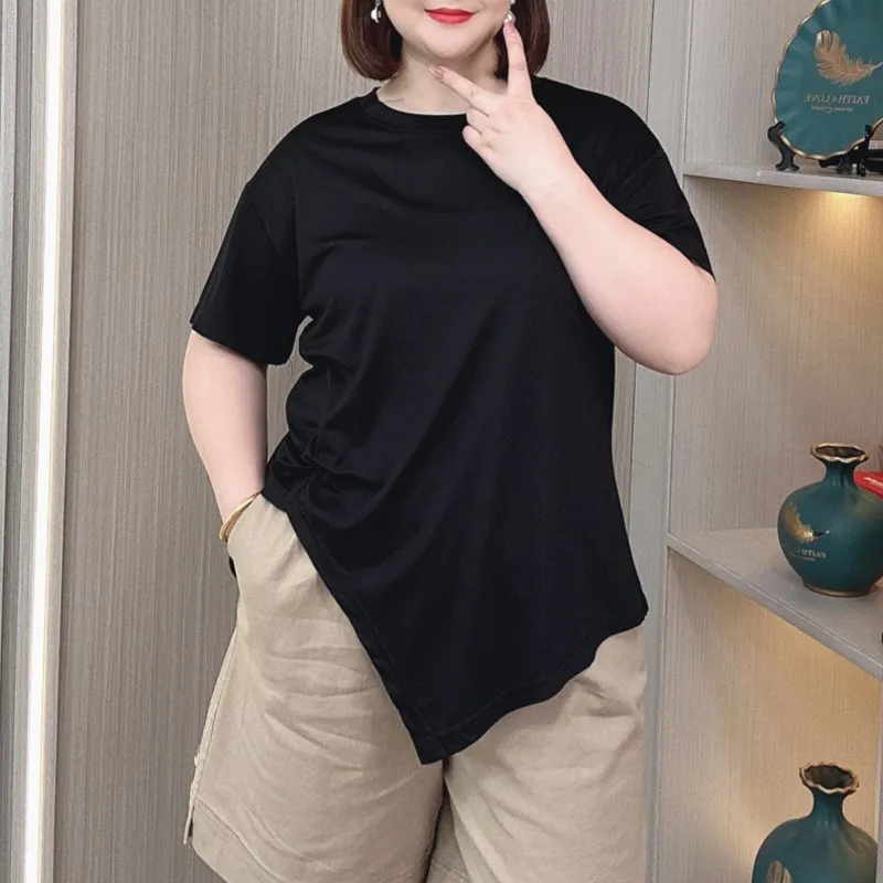 女性の非対称折りたたみTシャツ,大きいサイズ,薄い,快適,肌にやさしい,半袖,ゆったりとしたトップス,夏