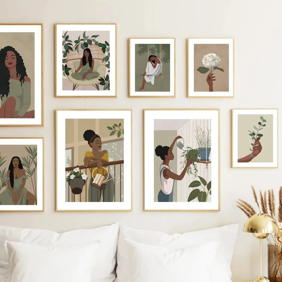 Abstract African Black Girl Swing Hand Flower Art Canvas Painting Nordic Posters and Prints Wall Pictures for Living Room Decor